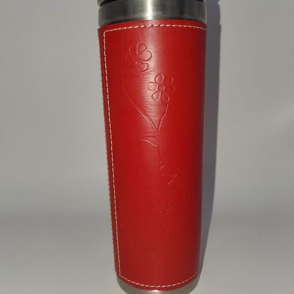 Starbucks Stainless Steel Thermos 2004 Mug Red Leather Floral Sleeve 12oz - Picture 7 of 14